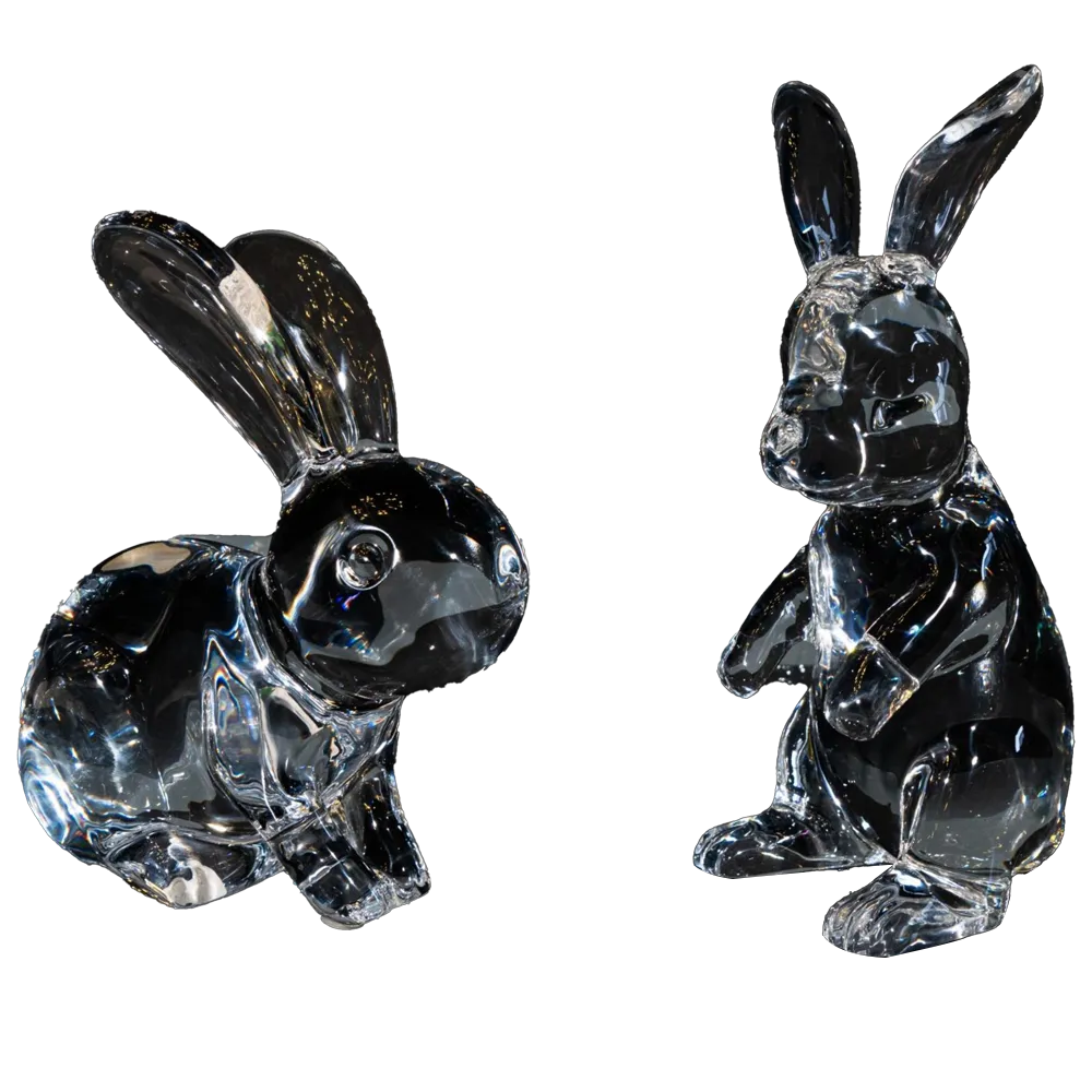 Synthetic Crystal Rabbit Statues, Pair of Standing and Sitting Rabbits, 321mm Height Art Sculpture