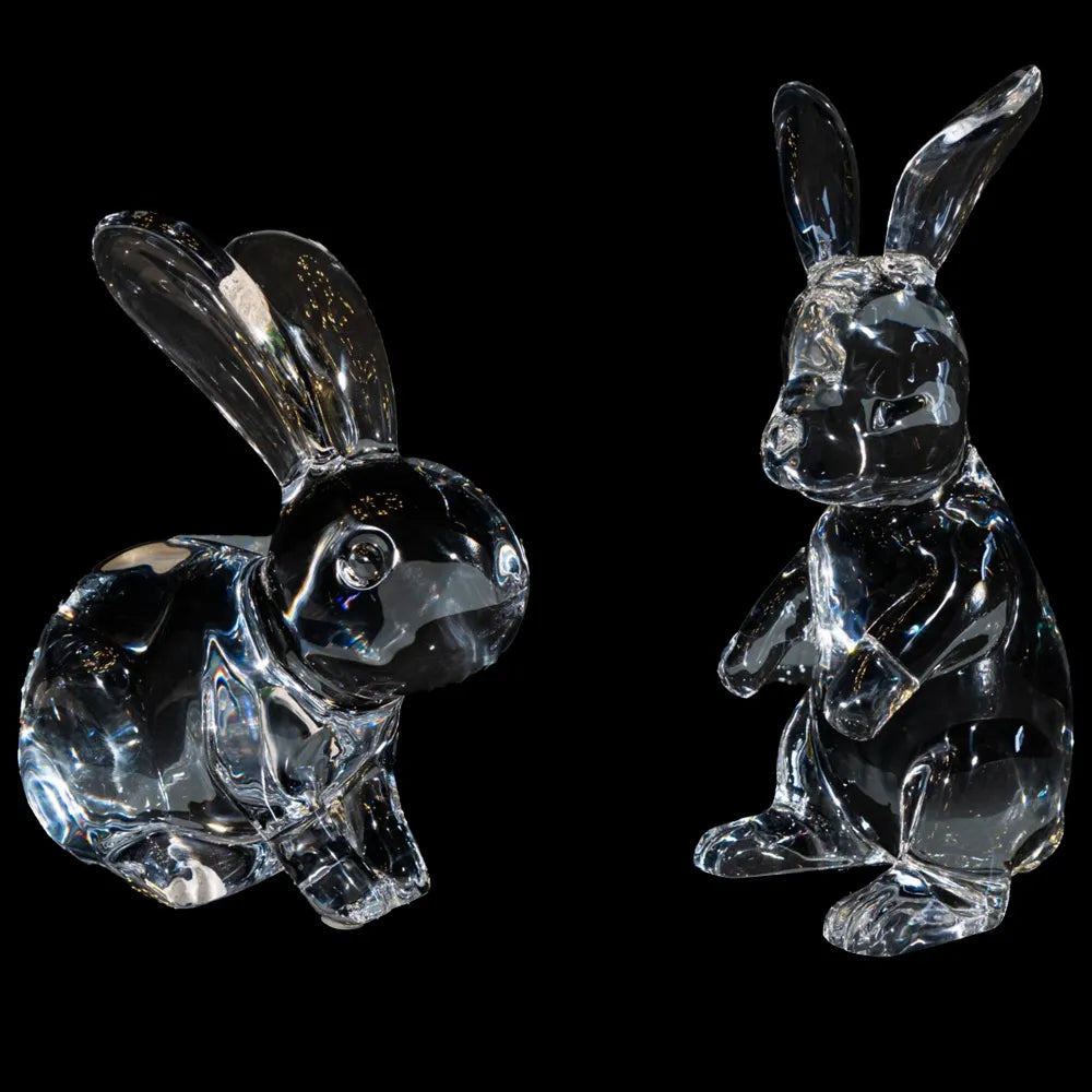 Synthetic Crystal Rabbit Statues, Pair of Standing and Sitting Rabbits, 321mm Height Art Sculpture