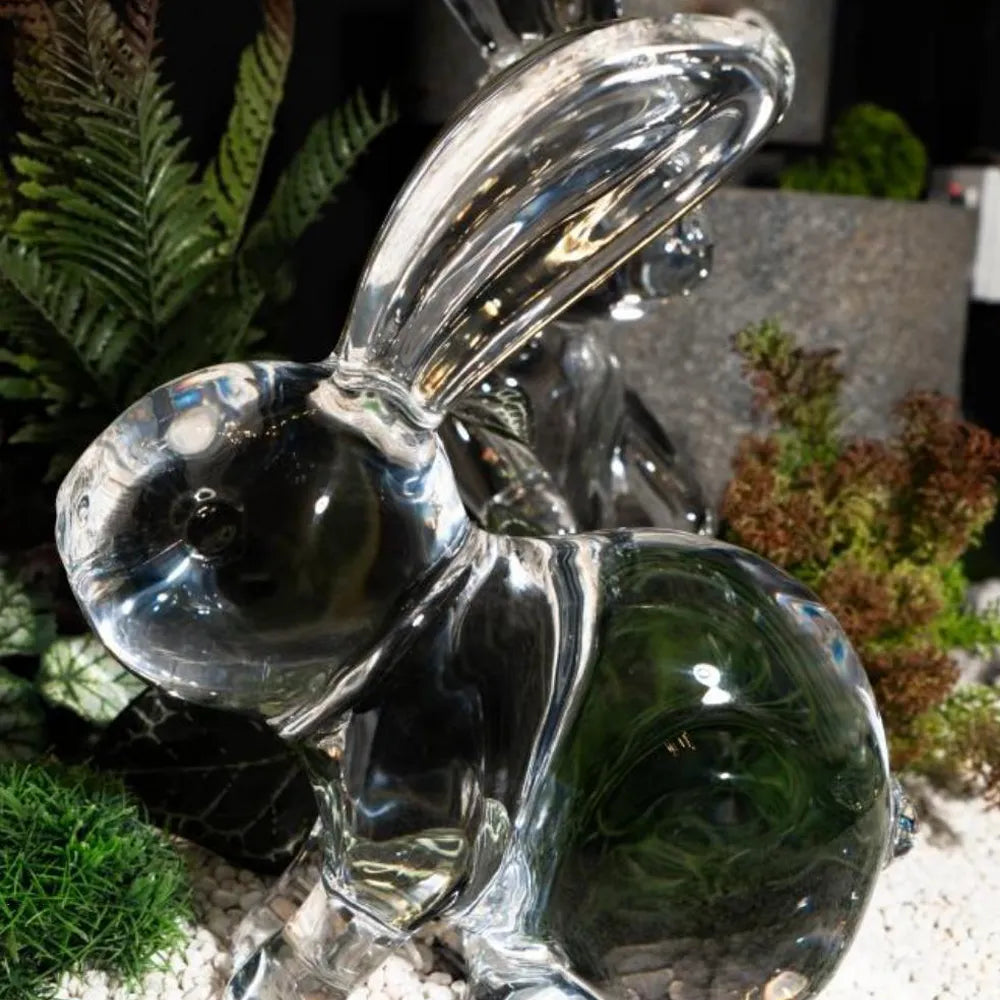 Synthetic Crystal Rabbit Statues, Pair of Standing and Sitting Rabbits, 321mm Height Art Sculpture